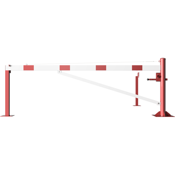 Swing barrier | with bracing tube and | pull rope reinforcement | to be fixed by plugs, hot-dip galvanized and red coated with white reflecting rings | Barrier arm length: 3000 mm | with triangular lock